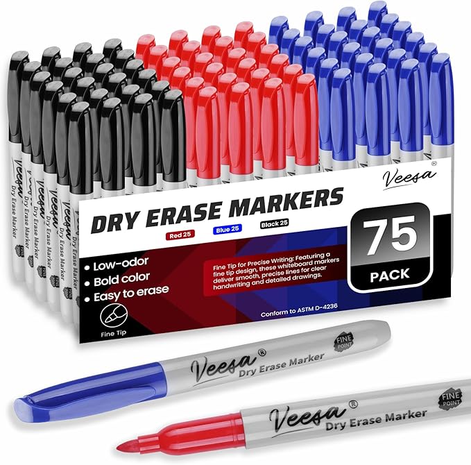 Dry Erase Markers Assorted Colors (Red/Blue/Black), 75 Pack Low-Odor Whiteboard Marker Pens Bulk, Office Series, Classroom Set