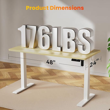 48x24 Inches Height Adjustable Electric Standing Desk with 2 Hooks for Home Office, Ergonomic Sit Stand up Desk with Splice Board, Oak