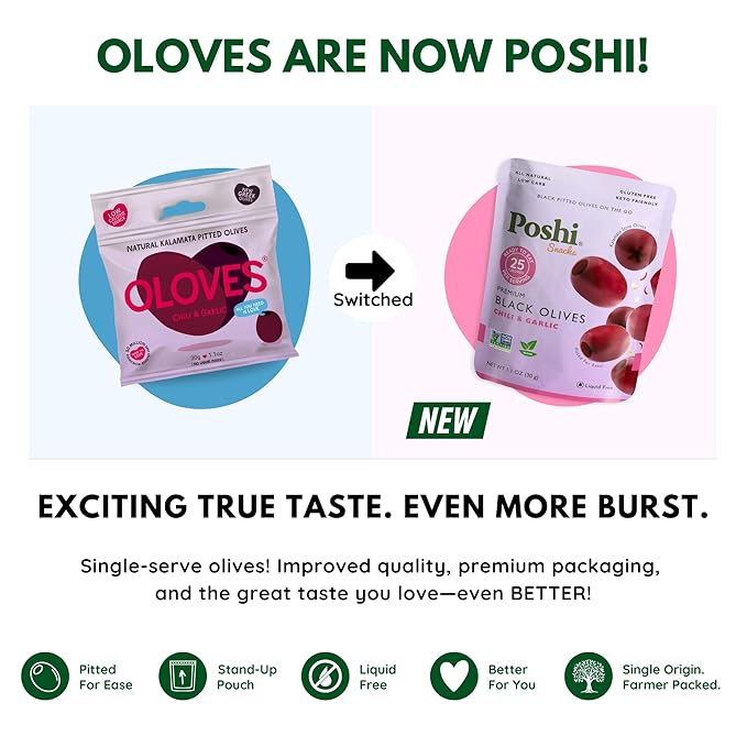 POSHI Black Pitted Pitted Olives - Chili & Garlic | Vegan, Kosher, Gluten Free + Keto Friendly, Fresh, All Natural Low Calorie Healthy Snacks | (30 Pack, 1.1oz Bags)