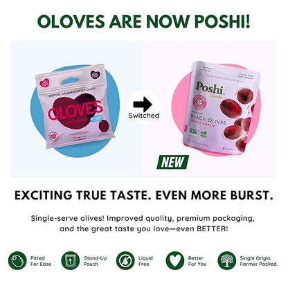 POSHI Black Pitted Pitted Olives - Chili & Garlic | Vegan, Kosher, Gluten Free + Keto Friendly, Fresh, All Natural Low Calorie Healthy Snacks | (30 Pack, 1.1oz Bags)