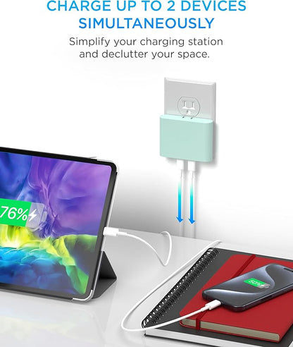 iHome Multiport 40W USB-C Charger, AC Pro 2-Port Flat Block, Dual Fast Charging Wall Adapter