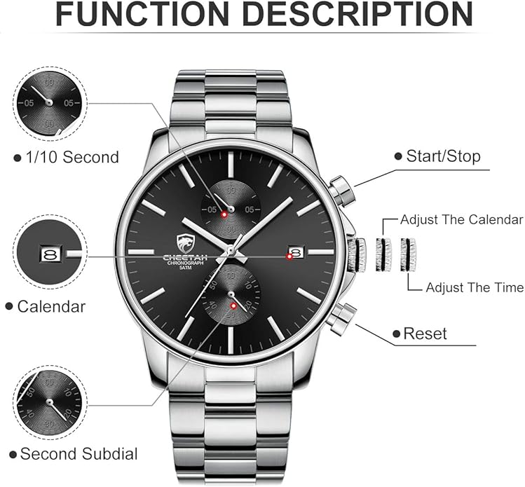 GOLDEN HOUR Fashion Business Mens Watches with Stainless Steel Waterproof Chronograph Quartz Watch for Men, Auto Date