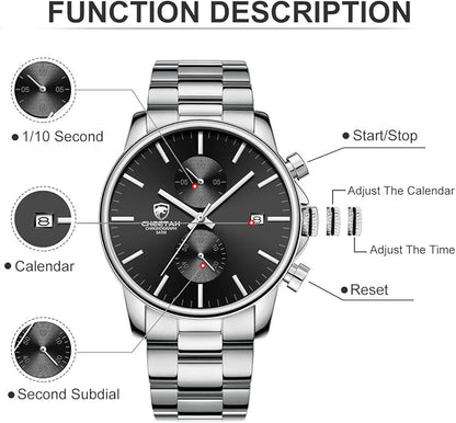 GOLDEN HOUR Fashion Business Mens Watches with Stainless Steel Waterproof Chronograph Quartz Watch for Men, Auto Date