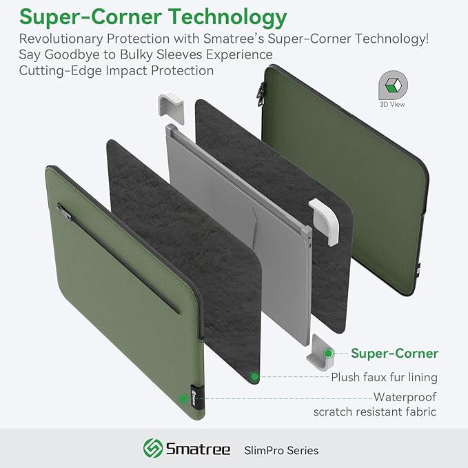 Smatree SlimPro Laptop Sleeve Case for 16 inch DELL Alienware M16 R2/New M16, DELL Laptop Case with Swift-Access Accessory Pocket, Patented Super-Corner Design, Green (S613G)