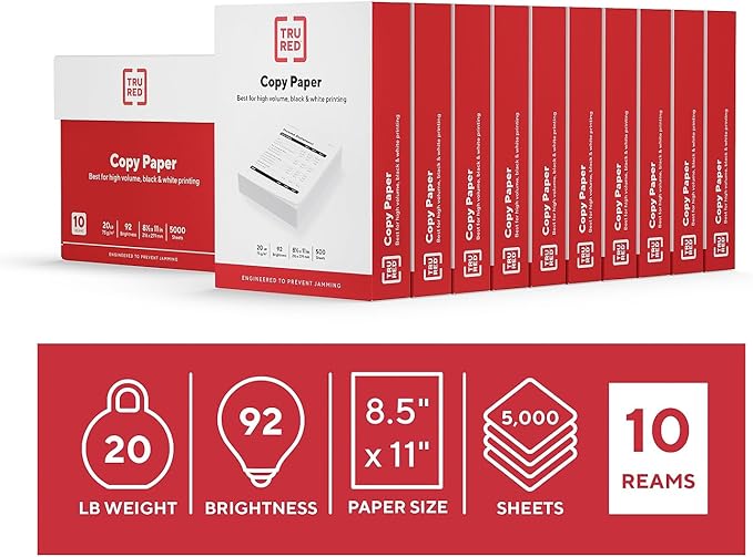 Staples TRU RED 8.5x11 Copy Paper 20 lb. 92-Bright 5000 Sheets/Carton