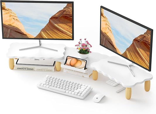Dual Monitor Riser, Cookie-Shaped Adjustable Length & Swivel Angle, Wooden Desktop Organizer for 2 Monitors, Stand With Drawer for Laptop, PC, Computer, Printer, White
