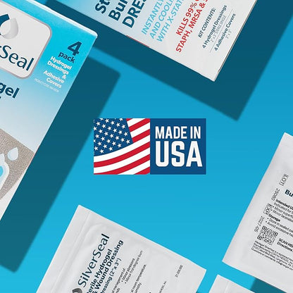 SilverSeal Hydrogel Burn & Wound Dressing Kit with X-Static Silver - FDA Cleared Care for Burns, Cuts & Wounds – Soothing Moisture, Relief & Protection - 4 (2”x3”) Hydrogels + 4 (3”x5”) Adhesive Pads