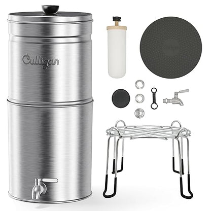 Culligan with MaxClear Technology 3 Gallon Gravity Water Filter System, Brushed Countertop Ceramic Water Filter NSF/ANSI Certified to Reduce Lead, Microplastics & Total PFAS, with 3 Filters