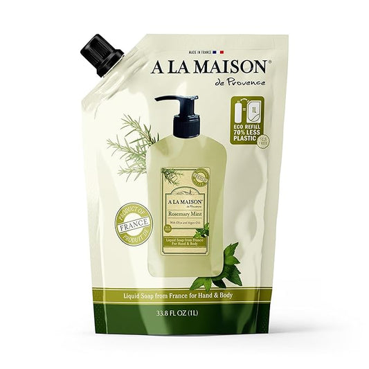 A LA MAISON French Liquid Hand Soap Eco-Friendly Refill Pouch, Rosemary MInt - Natural Hand Wash Made with Essential Oils - Biodegradable, Plant-Based, Vegan, Alcohol & Paraben Free (33.8 oz, 1 Pack)
