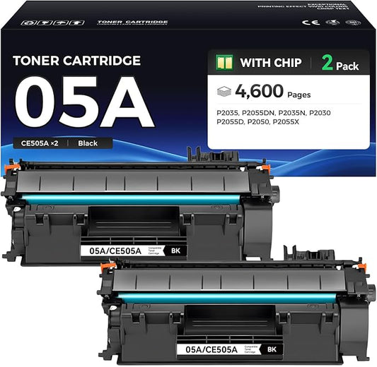05A Toner Cartridge Black 2-Pack with Chip High Yield Replacement for HP 05A CE505A 05X CE505X Toner Compatible with HP Laserjet P2035 P2035n P2055 P2055d P2055dn P2055x Printer Series Ink All-in-One