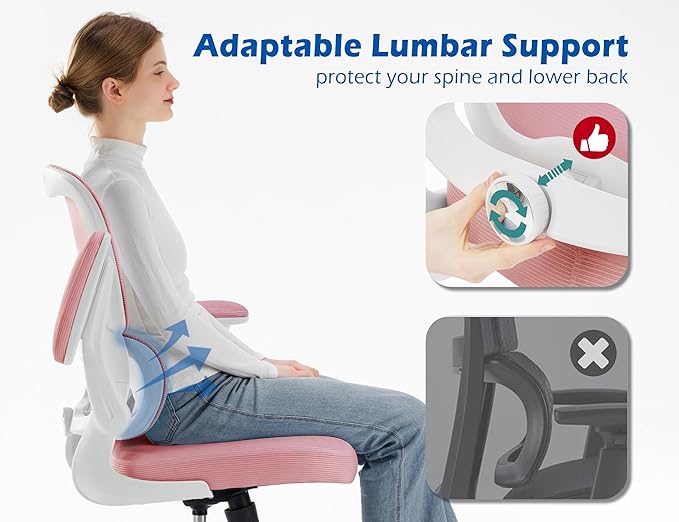 TRALT Ergonomic Office Chair - Desk Chair with Adjustable Lumbar Support Computer Chair - Mesh Comfy Chair with Flip-up Armrests - Gaming Chairs for Adults Home Office (Leather, Pink)