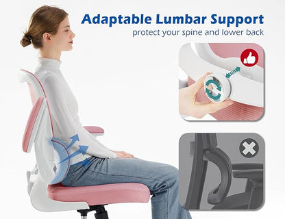 TRALT Ergonomic Office Chair - Desk Chair with Adjustable Lumbar Support Computer Chair - Mesh Comfy Chair with Flip-up Armrests - Gaming Chairs for Adults Home Office (Leather, Pink)