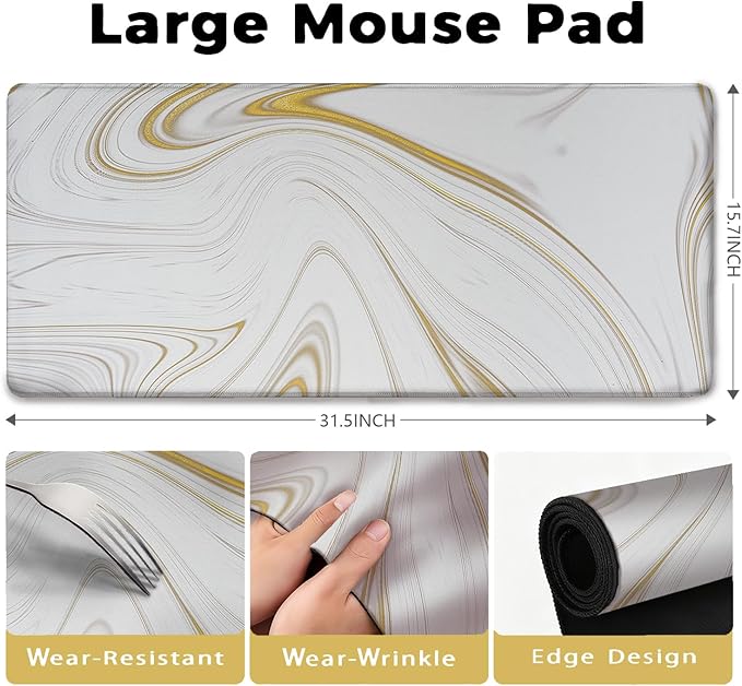 Luxury Marble Ink Patterns Desk Mat, Large Gaming Mouse Pad Non-Slip Rubber Base with Stitched Edges, Waterproof Protection for PC Laptop Home Office Desk Decor (31.5x15.7in)