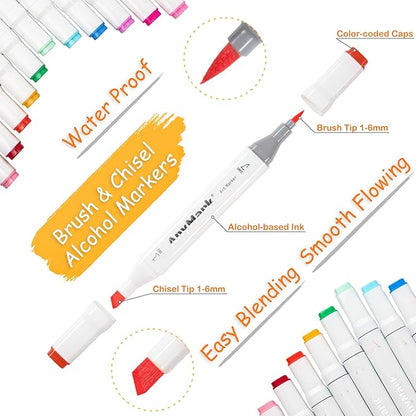 AnyMark Alcohol Markers Brush Tip, 80+1 Colors Dual Tip Brush & Chisel Alcohol-Based Art Markers Set with Case for Adult Artists Drawing Coloring