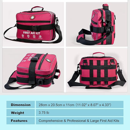Professional 435 Pieces Large First Aid Kit - Includes Compressed Gauze - Compartments Emergency Medical Kit for Home, Camping, Backpacking, Travel, Boat, Car,Outdoors(Pink)