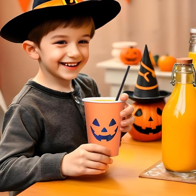 Halloween Disposable Paper Party Cups, Bulk 50 Pack, Leak-Resistant, 12 oz Hot and Cold Cups for Restaurants and Parties, Jack-O-Lantern, Black & Orange