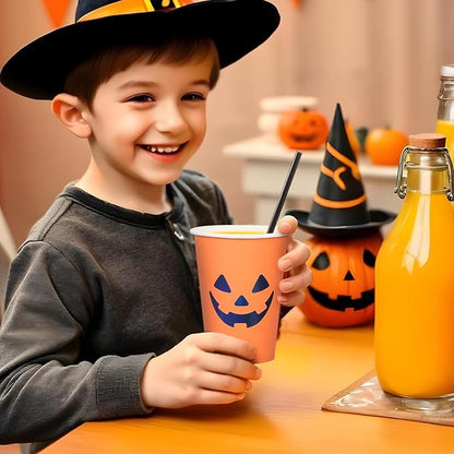 Halloween Disposable Paper Party Cups, Bulk 50 Pack, Leak-Resistant, 12 oz Hot and Cold Cups for Restaurants and Parties, Jack-O-Lantern, Black & Orange