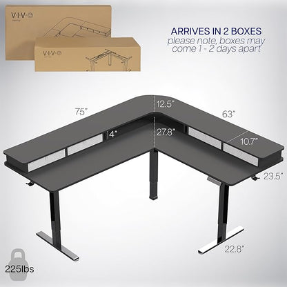 VIVO Electric Mobile Corner 75 x 63 inch 2 Tier Stand Up L-Shaped Desk, Height Adjustable, Memory Controller, Storage Drawers, Black Top Black Frame, DESK-E3CVB-75