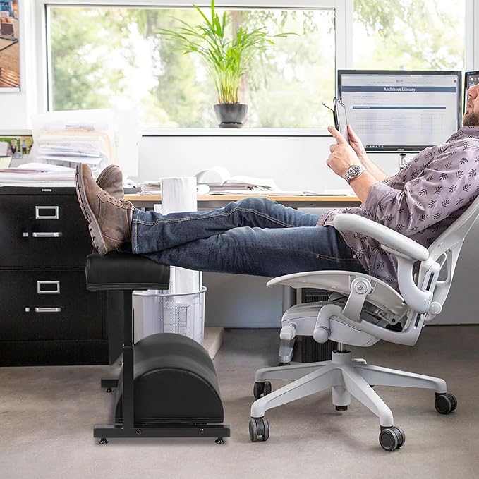 Adjustable Foot Rest Under Desk Footrest Wide Leg Rest 5 Height Positions PU Leather Covered for Desk Office Gaming Chairs Ergonomic with Foot Cushion