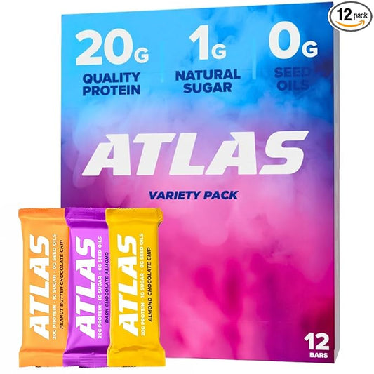 Atlas Bar – 20g Protein, 1g Sugar, 0g Seed Oils, 0g Sugar Alcohols (Variety Pack, 12 Count)