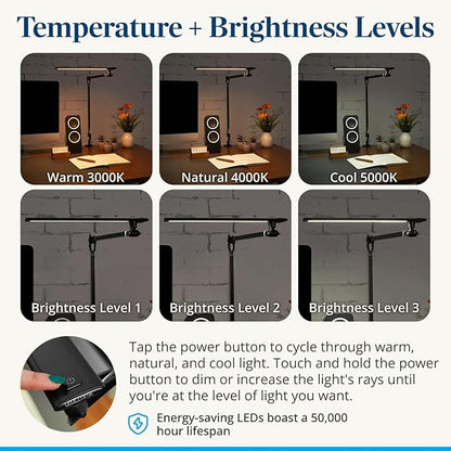 UPLIFTDESK E7 LED Desk Lamp - Adjustable 3 Color Modes, Dimmable Home Office Desk Light for Standing Desk, Dual Monitors, Aluminum Task Lamp (Black Base)