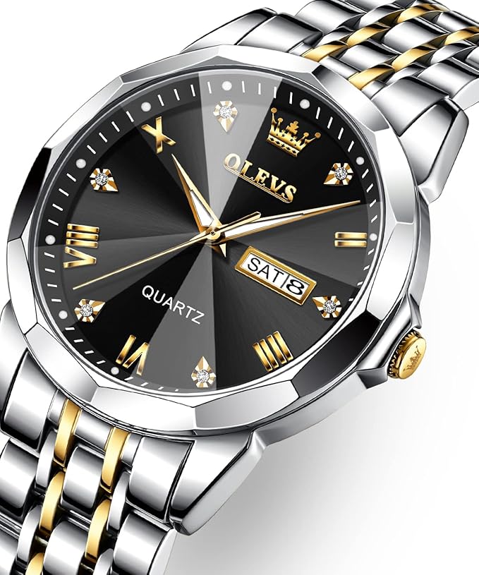 OLEVS Watches for Men Diamond Business Dress Analog Quartz Stainless Steel Date Luxury Casual Fashion Wrist Watch Waterproof Luminous