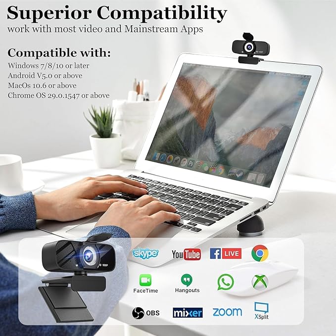 Webcam with Microphone, 1080p Full Hd Webcam for pc with Rotatable Tripod and Privacy Cover,Camera for Computer or Web Camera for Desktop Computer, Ideal for Remote Workers, Students, Gamers