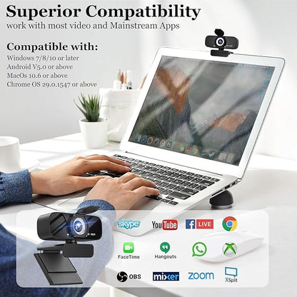 Webcam with Microphone, 1080p Full Hd Webcam for pc with Rotatable Tripod and Privacy Cover,Camera for Computer or Web Camera for Desktop Computer, Ideal for Remote Workers, Students, Gamers
