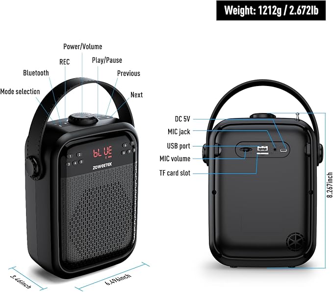 ZOWEETEK Wireless Voice Amplifier Handheld and Headset Microphones for Teachers, Voice Amplifier Microphone, Portable Megaphone Buletooth Speaker for Classroom, Meeting, Group outings, Party, Karaoke