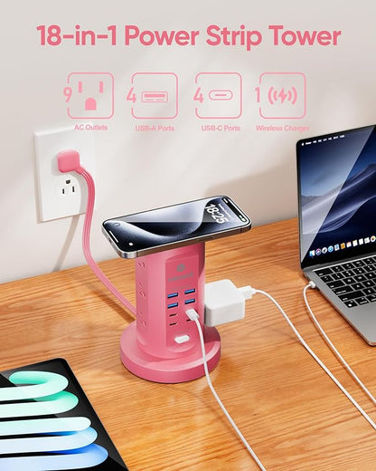 Power Strip Tower, kakyanill Surge Protector Tower 9 AC Outlets 8 USB (4 USB C), 6 Ft Retractable Extension Cord, Charging Station for Office Dorm Room, Pink