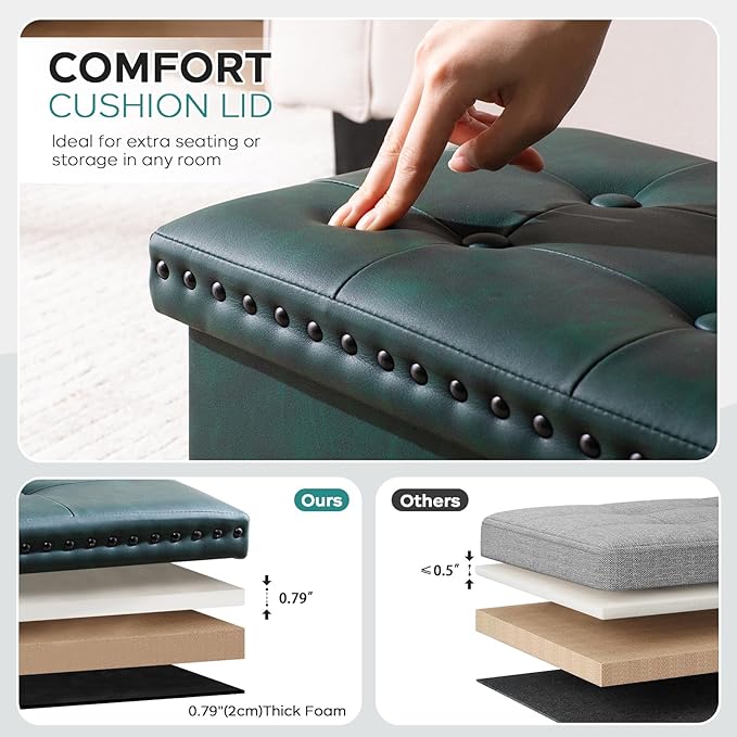 Folding Storage Ottoman, Small Faux Leather Foot Rest Stool with Rivet Design, 16 x 12 x12 Inches Ottoman with Storage Vanity Stool Coffee Table for Living Room, Bedroom, Load 242 lbs, Green