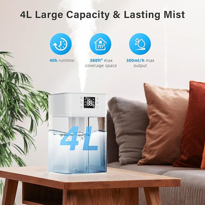 JRD 4L Humidifiers for Bedroom, Cool Mist Humidifier for Large Room, 40H Runtime, 360° Nozzle, Night Light for Home, Office, Baby Nursery, Plants（Grey）