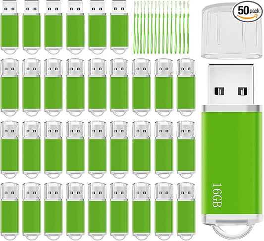 Memorias USB 16GB Flash Drive 50 Pack, USB 2.0 Thumb Drives Bulk Memory Sticks 16GB FAT32 USB Flash Drives Bulk Jump Drives Multipack Pack of 50 with Lanyard(Green 50 Packs 16 GB)