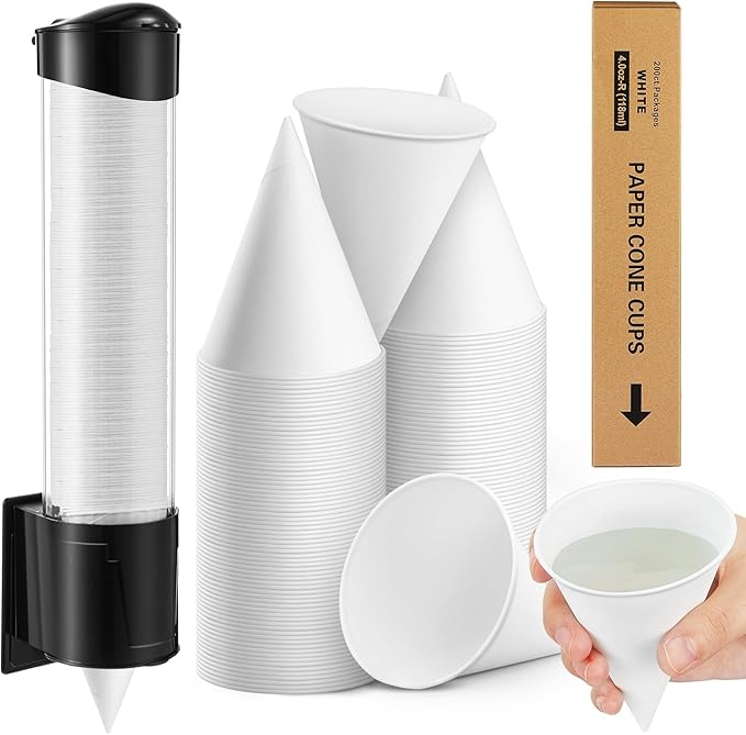 Roshtia 200 Pcs 4 oz Snow Cone Cups Paper Thicken Disposable with 1 Cups Dispenser Pull Type Wall Mount Cup Holder Paper for Restaurants, Home, and Office, and Shaved Ice, Cold (White)