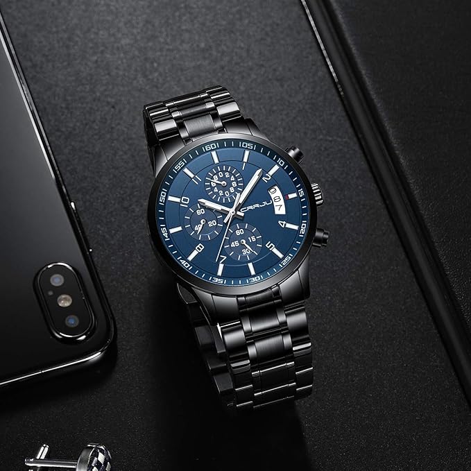 CRRJU Men's Fashion Stainless Steel Watches Date Waterproof Chronograph Wristwatches,Black Steel Band Waterproof Quartz Watch for Men
