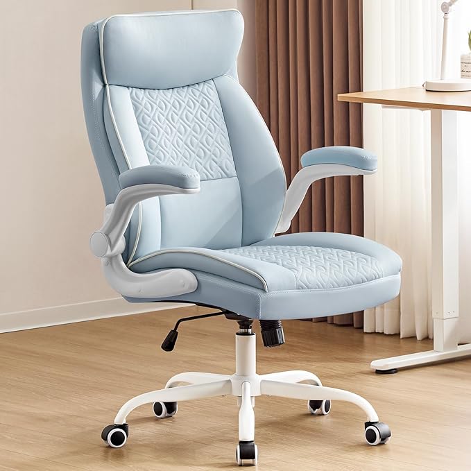 Executive Office Chair, Computer Desk Chair with Lumbar Support,Comfortable Leather Home Office Chairs 400lbs with Padded Flip-up Armrests, Adjustable Height, LightBlue