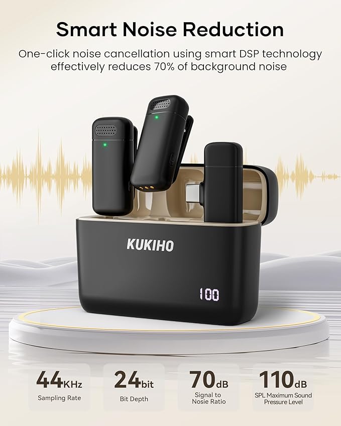 Wireless Lavalier Microphone with Charging Case, 36H Battery Life, Noise Cancellation, 135ft Range, Plug-and-Play Clip-On Mic for iPhone, iPad, Android, YouTube, Vlog, Live Streaming