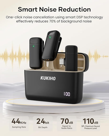 Wireless Lavalier Microphone with Charging Case, 36H Battery Life, Noise Cancellation, 135ft Range, Plug-and-Play Clip-On Mic for iPhone, iPad, Android, YouTube, Vlog, Live Streaming