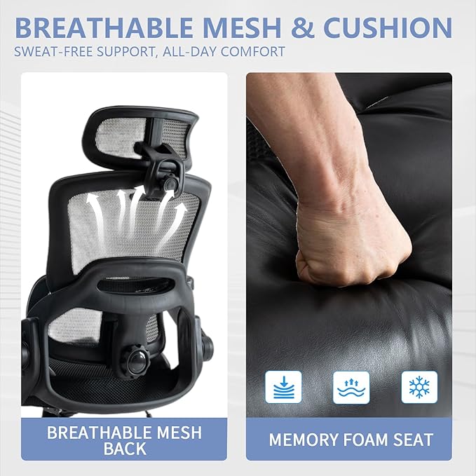 Ergonomic Office Chair with Flip-Up Arms, Mesh Back, Adjustable Headrest, Padded Seat Cushion, Lumbar Support, High Back Desk Chair for Home Office – 330lbs Capacity