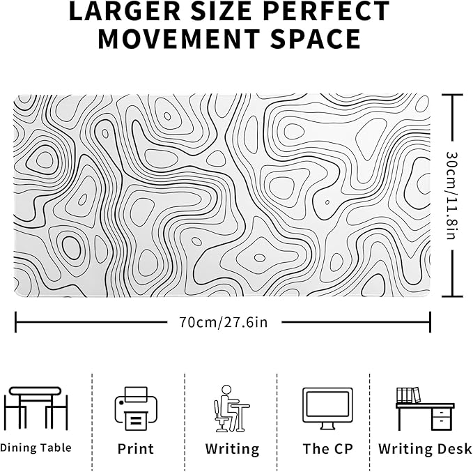 Topographic Contour Gaming Mouse Pad White Large Mouse Pad for Keyboard and Mousepad Desk Mat with 3mm Non-Slip Base and Stitched Edge for Gaming and Office Computer Mat Protector Mat 27.6x11.8 Inch