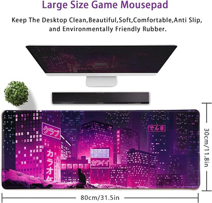 Gaming Laptop Mouse Pad,Sea Wave Big Mice Pads PC Keyboard Waterproof and Non-Slip 31.5" x 11.9" 0.12" Thick XL,XXL Rubber Table Mat, Purple Cyberpunk City Night View