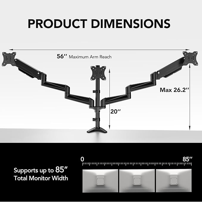 HUANUO Triple Monitor Mount for 17 to 32 inch Screens, Gas Springs Adjustment Triple Monitor Stand with Swivel, Tilt, Rotation, Clamp & Grommet Kit (Black)