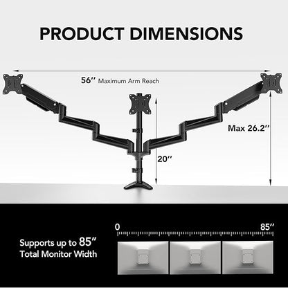 HUANUO Triple Monitor Mount for 17 to 32 inch Screens, Gas Springs Adjustment Triple Monitor Stand with Swivel, Tilt, Rotation, Clamp & Grommet Kit (Black)