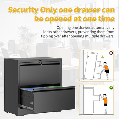 File Cabinets with Lock, 2 Drawer Locking Filing Cabinets for Home Office, Black Metal Heavy Duty Lateral Filie Cabinet for Hanging Letter/Legal/F4/A4 Size Files, Assembly Required