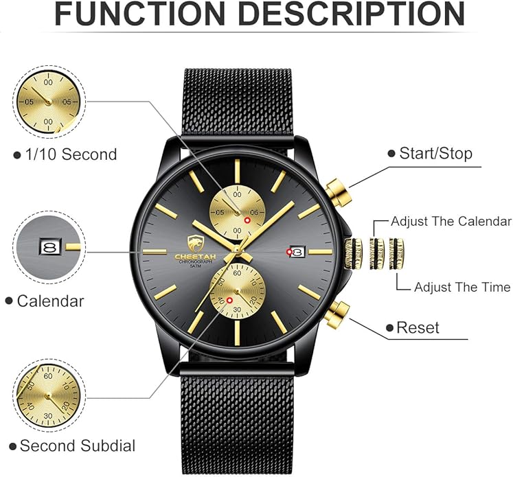 GOLDEN HOUR Mens Watch Fashion Sleek Minimalist Quartz Analog Mesh Stainless Steel Waterproof Chronograph Watches for Men with Auto Date