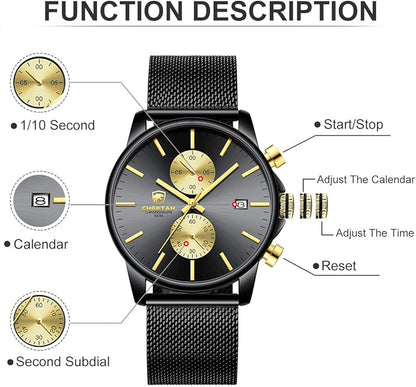 GOLDEN HOUR Mens Watch Fashion Sleek Minimalist Quartz Analog Mesh Stainless Steel Waterproof Chronograph Watches for Men with Auto Date