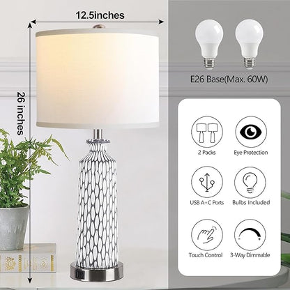 QiMH Table Lamp for Living Room,Bedside Lamps for Bedroom Set of 2 with USB A+C Ports,3-Way Dimmable Touch Control, Modern Coastal White Grey Resin Nightstand Lamp, Included 2700K LED Bulbs