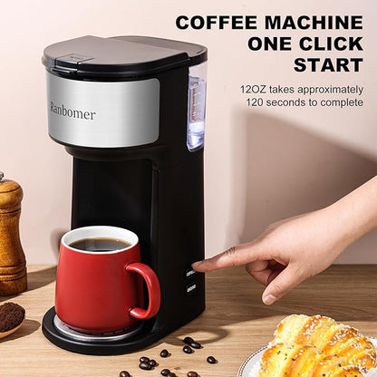 K Cup Coffee Maker, Single Serve coffee machine or Ground Coffee Machine 2 in 1, 6 to 14 Oz Brew Sizes, Mini One Cup Coffee Maker with Self cleaning Function, Fits Travel Mug (Black)