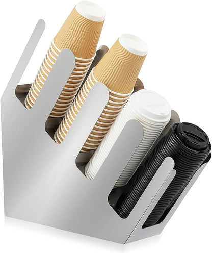 Frienda 4 Compartments Stainless Steel Cup and Lid Dispenser, Silver Coffee Cup Holder Organizer Storage for Countertop Org, Coffee Bar, Beverage Restaurant, Kitchen, Breakroom