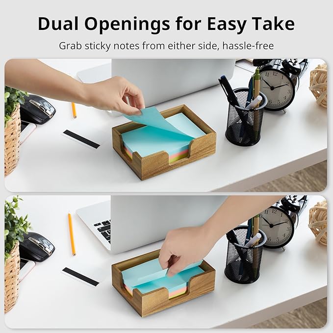 Acacia Wood Sticky Note Holder, 4x6 Inch Notepad Holder Dispenser with Dual Openings, Sticky Note Dispenser Memo Holder Case for Desk Office School Supplies